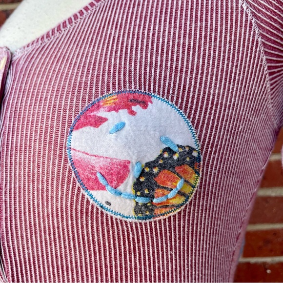 Scanty Brand Burgundy Red Striped Shirt Top Small Embroidered Bohemian Make Love - Picture 4 of 13